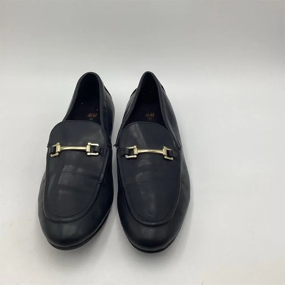 H&M Unisex Black Leather Loafers Gold Accent‎ Size 42